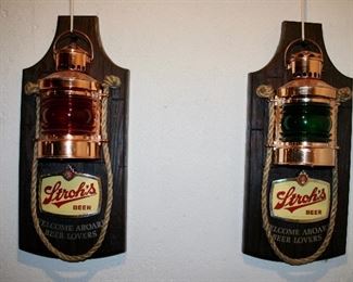 2 Vintage STROH'S BEER Lighted RED Lantern & GREEN Lantern Welcome Aboard BOAT Nautical Bar Sign