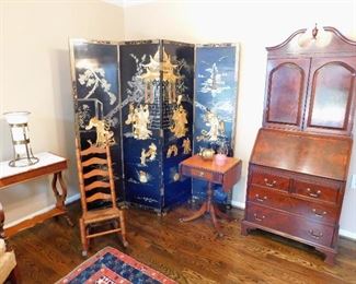 Flame Grain Secretary, Antique Laquer Asian Screen MOP Inlay, Art Deco Table Lamp, Antique Child's Rocking Chair.