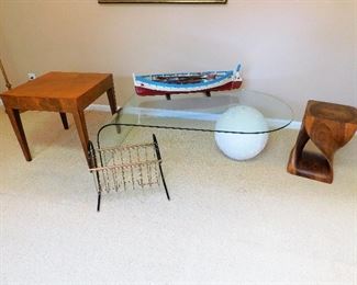 Burl Side Table, Mid Century Bent Glass & Ball Coffee Table, Mid Century Magazine Rack, Twisted Wood Side Table