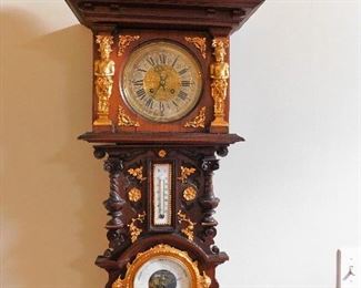 Antique Gilt Gold Wood Clock/Barometer/Thermometer combination.  Measures approx. 40 inches tall by 16 inches wide.  $2000.00