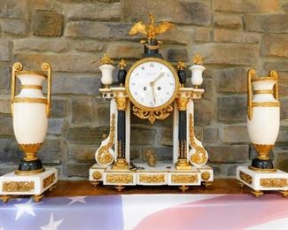 3 Piece French Mantle Clock - Bouchet Fontainbleau, Gilt Gold & Marble.  The clock measures approx. 22 inches tall by 15.5 inches wide. $5500