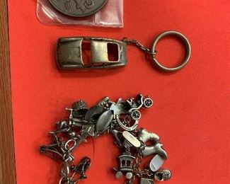 Loaded Vintage Sterling Charm Bracelet ( Mechanical Charms) & Sterling Porsche Key Chain