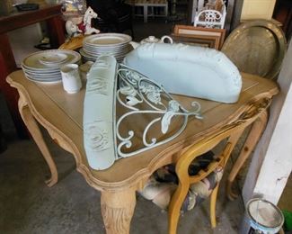 Contenporary Pine Game Table, Noritake China and Lovely Pale Teal Large Wall Brackets