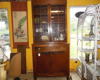 Walnut Cupboard Circa 1810, (Jackson Press). Two Upper Doors Have 16 Glazed Panels of Old Glass, Two Solid Lower Doors. Center Drawer With Federal Brass Pulls. Probably Made on the Farm (Cedar Hill, Como, N.C.). Turnip Feet. Excellent Condition.