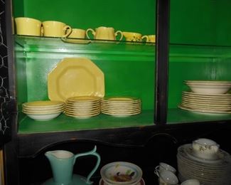 Ironstone Dishes, Octagonal Shape, Beautiful Golden Yellow in Distressed Black China With Bright Green Interior