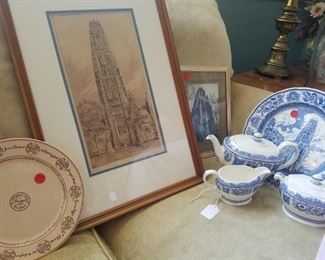 Yale University memorabilia...Harkness tower, tea set, Branford College plate 