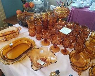 Thumbprint Amber set of glasses....juice, tumbler, wine, champagne, cream and sugar, and covered candy dish.