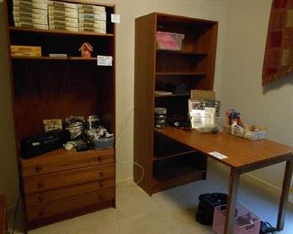 Teak wood desk/book shelf, collection of Gunsmoke VHS, office items
