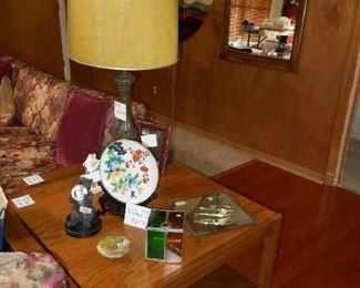 side table, vintage lamp, collectables