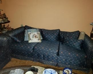 Delicate couch and chair with lovely oriental inspired fabric.  Couch 84" x 34"