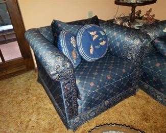 Delicate couch and chair with lovely oriental inspired fabric.  Couch 84" x 34"