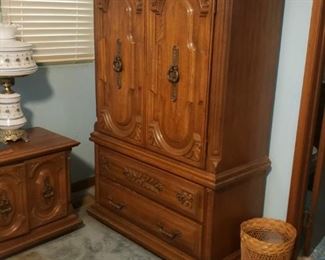 Retro Style armoire is 1980s vintage!  Heavy, durable and roomy with drawers and plenty of shelf room!        
38" x 18" x 64"