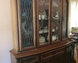 Large, Incredible Hutch is solid and will be a breaktaking piece in the right room.  Fit all your china, silver, and more!! Matching table with leaf and fabulous padded chairs with delicate detailing on back.  Buffet is 72"x 48"x 22"  Table 80" x 44" x 28"