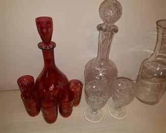 Press glass and Ruby crystal decanters and glasses