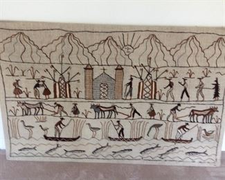 South American embroidered scene, Mountains, Town, Agriculture, Fishing 