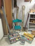 Let's go fishing. Rods, chair, vintage tackle boxes full of supplies.