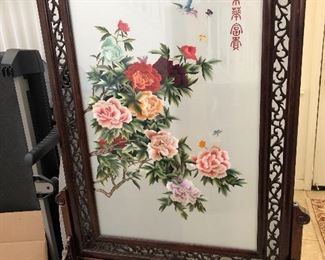 Japanese floral painting encased by a beautiful antique standing frame.