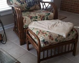 Benchcraft rattan armchair & matching ottoman, Laura Ashley beige throw