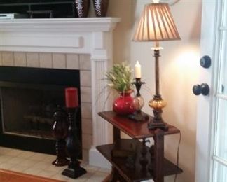 Bassett Furniture accent table, table lamp, great wall clock, 2 ceramic vases, metal & glass candle holder, floor pillar holder,  dark amber glass jar & lid