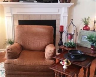 Sherrill Furniture club chair, Pulaski nesting tables, small marble compote with marble fruit