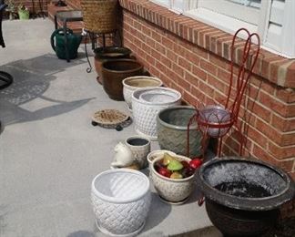 Small patio side table, plastic watering can, great selection of ceramic planters, metal chair planter, bisque mushroom decor, 3 metal mushroom decor, dragonfly, & Mickey Mouse garden accents