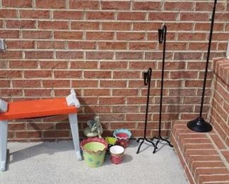 Gardening bench or kneeler, Southern Living at Home polka-dot pots, 2 metal taper candle holders, adjustable garden hook