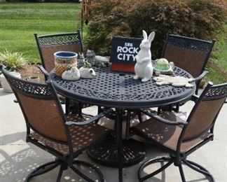 Beautiful metal Hampton Bay patio table set, garden decor, wind chime, garden shepherd hooks