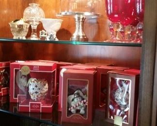Red goblets, candle decor, Lenox boxed Christmas ornaments, more lead crystal, & platters