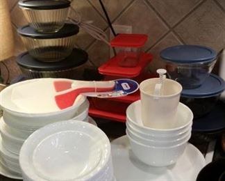 Tempered glass bowls with plastic covers, Corning "Enhancements" dishware set, including platter & veg. bowl 