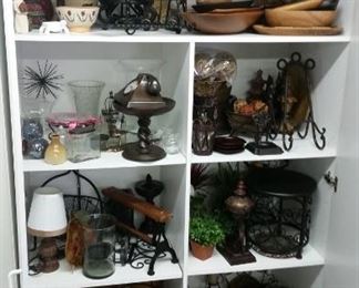 Cabinet #2 - shopping totes, metal decor, candle holders, wooden serve ware 