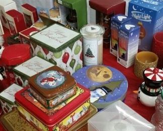 Christmas tins, candle decor, boxed items, including ornaments 