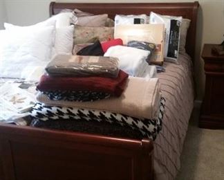 Sleigh bed, mattress set, linens, travel pillows & cases, bed pillows & cases, blankets 
