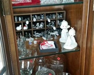 Crystal hostess items, LOTS more pewter figurines including Hudson & Spoontiques, Precious Moments, some Depression glass