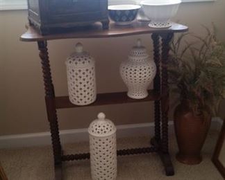 Barley twist wooden accent table, small storage trunk, ceramic accents