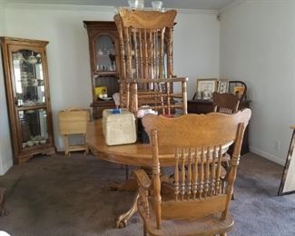 Oak press back dining chairs and table