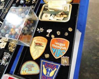 Vintage bowling pins and patches