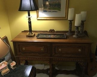 Solid wood sideboard nice carvings. Cloisonne lamp with brass base. Vintage hand painted tray. Remote controlled candles.