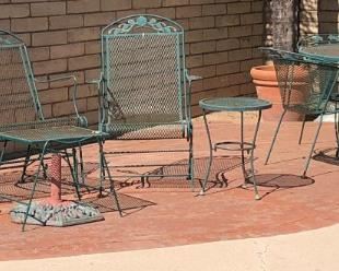Green Metal Patio Furniture: Table w 4 Chairs, Settee, 2 Rockers, Side Tables