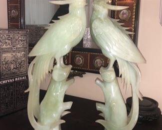 Pair carved jade birds on fitted bases