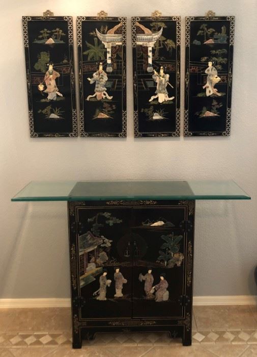 Beautiful Raised Panel Chest w Custom Glass Top and Matching Artwork