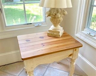 Ethan Allen plank top side table with drawer.  Distressed painted legs.