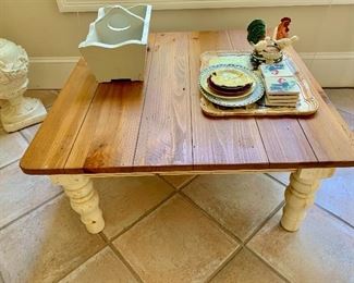 Ethan Allen plank top sofa table with distressed painted legs