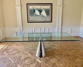 Stunning chrome and lucite base, glass topped dining table.  4'6" wide x 8' 6" long.