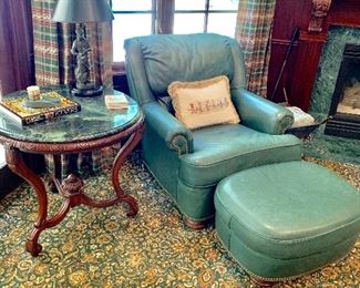 Leather chair and ottoman, round  marble topped pedestal table