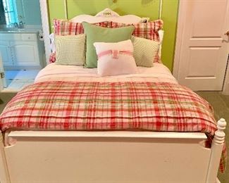 White double bed, custom bed linens and pillows.  Light fixtures Not for Sale.