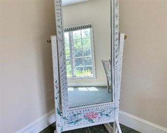 Painted wicker standing mirror.