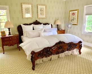 Kellogg Collection bedroom.  Carved King Bed.   Hickory Chair side tables.