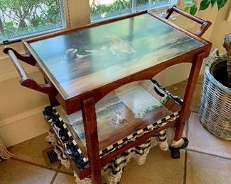 Hand painted bar cart with whimsical trim