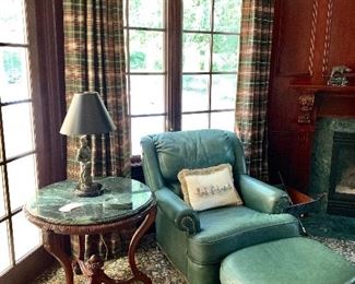 Leather chair and ottoman, marble topped round table.  Ralph Lauren drapery panels (2 of 4 shown).  Drapery hardware not for sale.