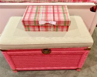 Pink wicker bench/storage piece